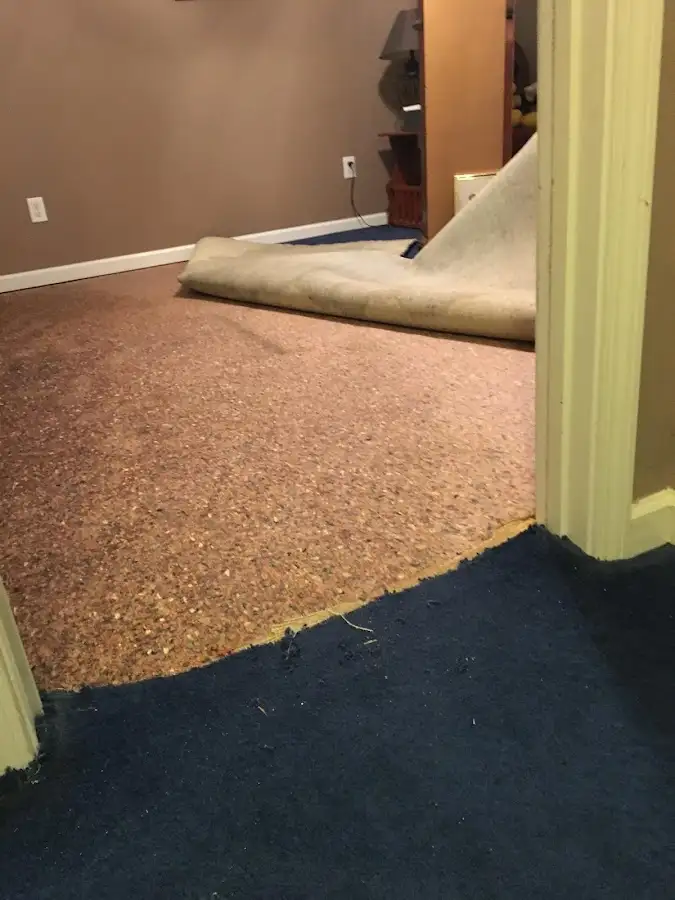 Carpet pad removal revealing water damage during Water Mitigation Services in Laguna Woods